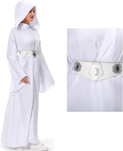 Vista 6 de Disfraz de princesa para mujer, vestido blanco con capucha, bata larga, traje clásico de lujo
