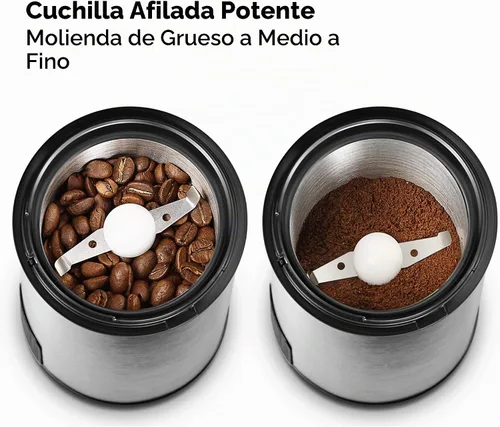 Vista 8 de FSM Molinillo de café eléctrico y molinillo de especias con sistema de bloqueo de seguridad, acero inoxidable con tapa transparente y base