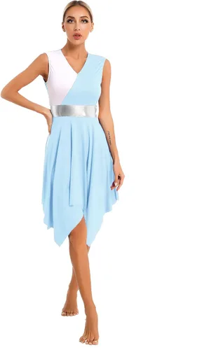 Vista 15 de Vestido de mujer de alabanza litúrgica con bloques de color, sin mangas, con dobladillo irregular, de estilo lírico para danza Borgoña