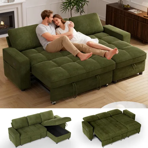 Vista 12 de Vipbear Sofá cama modular de 81 pulgadas con cama extraíble, sofá en forma de L con respaldo reclinable, diván de almacenamiento reversible, puertos