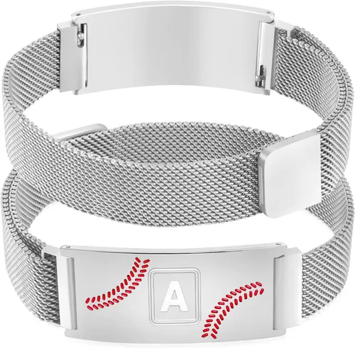 Vista 59 de Fervia Regalos de graduación de Pascua para hombres, pulsera con inicial de béisbol, color negro, plateado, dorado, acero inoxidable, pulseras