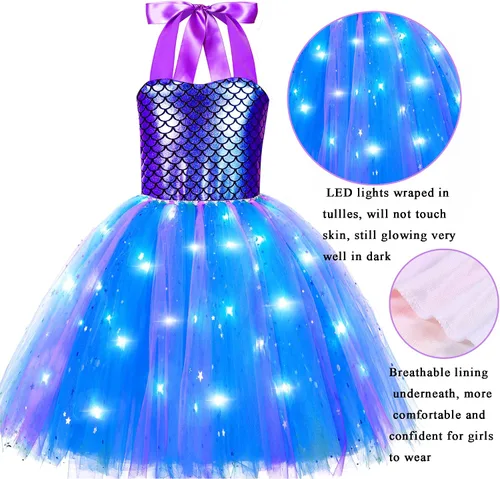 Vista 2 de KAKALVER Mermaid Costume for Girls Mermaid Dress LED Light Up for Mermaid Birthday Decorations Halloween Dress Up Gifts