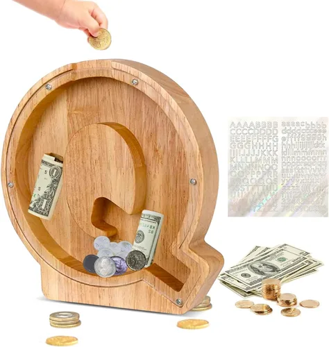 Vista 9 de Alcancía de Madera Personalizada con Letras del Alfabeto, Banco de Monedas con Letras del Alfabeto para Niños, Niñas y Bebés, Tamaño Grande, 26