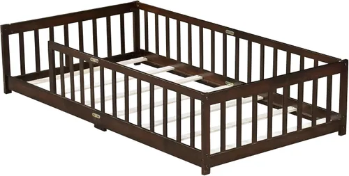Vista 9 de Twin Size Floor Bed with Slats and Guardrails, Wood Floor Bed, Espresso