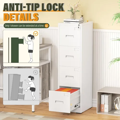 Vista 7 de Greenvelly Archivador de 4 cajones con cerradura, archivador de metal para oficina en casa, archivador vertical con bloqueo, archivador de 18 Blanco