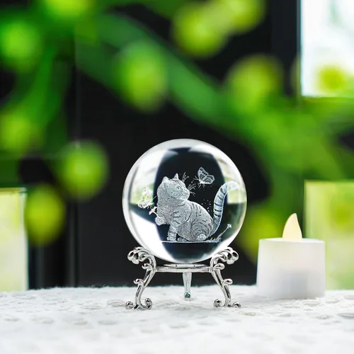 Vista 6 de Bola de cristal de gato 3D con soporte grabada con láser, figura de gatito para regalo