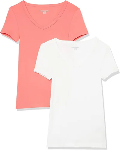 Vista 18 de Amazon Essentials Camiseta ajustada de manga corta con cuello en V para mujer, paquete de 2 Negro