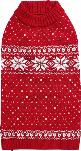 Vista 10 de Blueberry Pet Let It Snow Suéter Clásico Feo de Navidad con Capucha y Diseño de Copos de Nieve para Perro en Rojo y Blanco, Longitud de Espalda 12