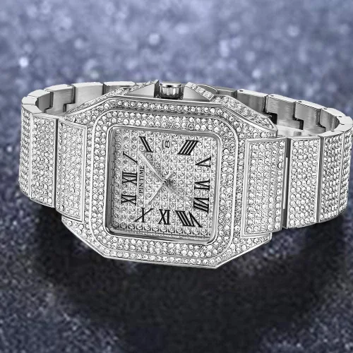 Vista 5 de Gosasa Reloj de Moda Hip Hop para Hombre, con Detalles de Cristal, Reloj Bling Bling, Caja Rectangular, Correa de Pulsera de Acero Inoxidable, Reloj