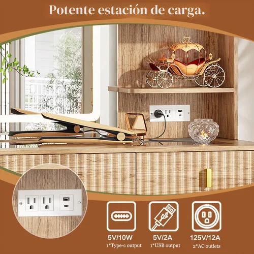 Vista 3 de Escritorio grande de maquillaje con espejo y luces, escritorio de tocador con 6 cajones y estantes de almacenamiento, mesa de tocador con toma
