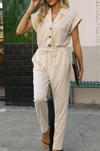 Vista 2 de Bellivera Overol casual de manga corta para mujer, con cordón, elegante, con botones, pantalón largo de una pieza