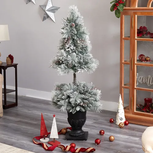 Vista 8 de Nearly Natural Árbol de Navidad artificial flocado de 5 pies con 100 luces LED y 186 ramas flexibles en urna decorativa