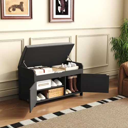 Vista 8 de HOMEFORT Banco para Zapatos de 30" con Almacenamiento de Tapa Elevable, Banco de Entrada con Asiento Acolchado, Banco de Madera para Pie de Cama