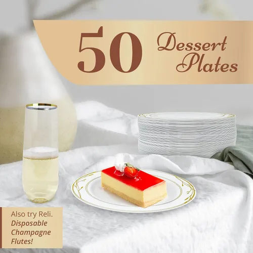 Vista 2 de Reli. Platos de plástico desechables, borde blanco y dorado (50 unidades, plato de postre de 7.5 pulgadas), plástico duro, para postres, ensaladas
