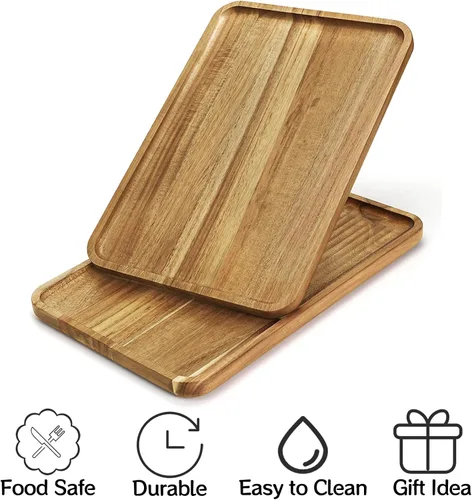 Vista 4 de YOUEON Juego de 2 bandejas de madera de acacia con borde elevado, bandeja rectangular de 14.2 x 9.5 pulgadas, plato de queso para aperitivo