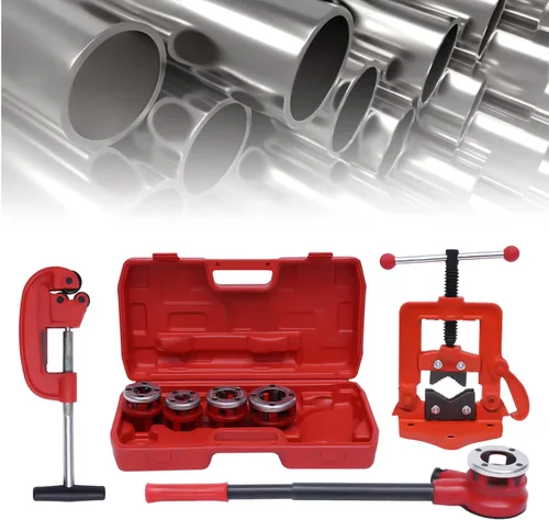 Vista 6 de Kit de enhebrador manual de tubo de trinquete, con cinco moldes + cortador de tubos + tornillo de banco para corte profesional y roscado de tubos