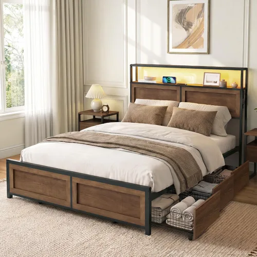 Vista 8 de KISLOT Juego de dormitorio de 3 piezas con almacenamiento, marco de cama con luces LED, marco de cama de metal industrial con estación de carga, 6