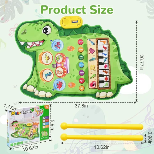 Vista 2 de Cyiecw Tapete musical de dinosaurio 3 en 1, tapete de piano para jugar, regalo para niñas de 1, 2 y 3 años, juguetes sensoriales de aprendizaje