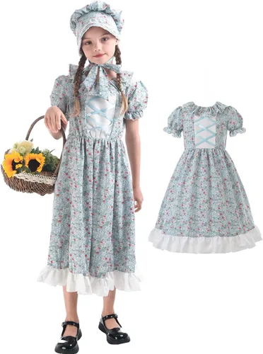 Vista 3 de FCCAM Colonial Costume Girls Short Sleeve Pioneer Dresses for Girls Laura Ingalls Wilder Dress with Bonnet