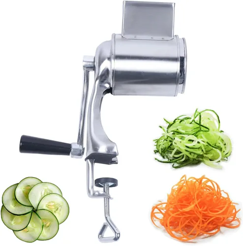 Vista 9 de DYNAMI Rallador giratorio de acero inoxidable 5 en 1, rallador de cocina, cortador de verduras, molinos de alimentos con 5 tambores inoxidables