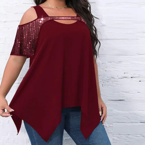 Vista 4 de Blusa de manga corta con hombros descubiertos y talla grande, con lentejuelas brillantes y empalme de moda, con dobladillo de pañuelo