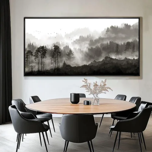 Vista 4 de Arte de pared con árboles para sala de estar; grandes pinturas artísticas en lienzo para dormitorio; cuadros en blanco y negro enmarcados