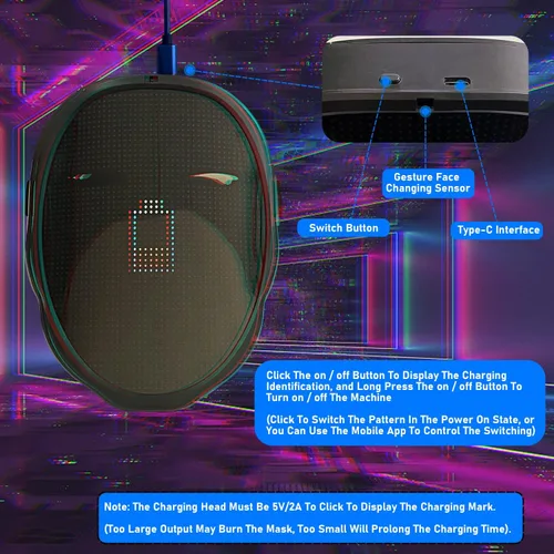 Vista 3 de Depointer Life Máscara LED con control de aplicación recargable compatible con Bluetooth, máscara brillante personalizable, máscara transformadora