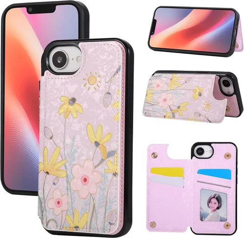 Vista 75 de UEEBAI Funda tipo cartera para iPhone 13 con tarjeteros, piel sintética, diseño floral, función atril, bloqueo RFID, doble cierre magnético, funda