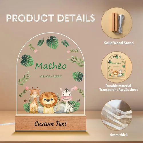 Vista 5 de Regalos personalizados para bebés para niños, animales de la selva de safari placa acrílica personalizada con nombre de luz nocturna, baby shower
