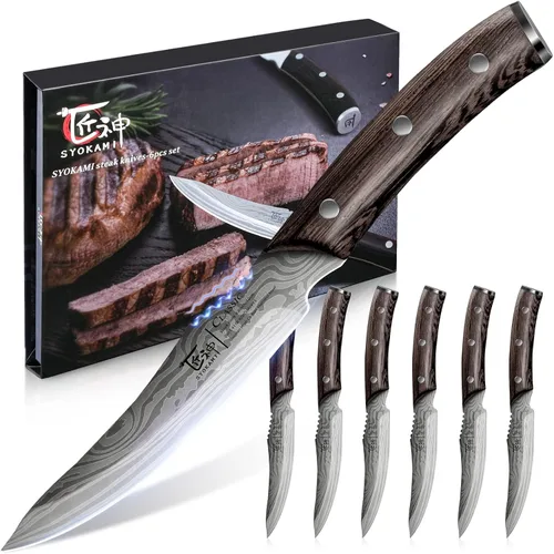 Vista 11 de SYOKAMI Juego de 2 cuchillos para carne, 4.8 pulgadas, estilo japonés de alta gama, filo fino con mango de madera, diseño de espiga completa