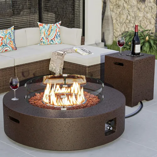 Vista 10 de COSIEST mesa de fogata a propano para exteriores de 35 pulgadas cuadrada de arenisca con protector contra el viento y mesa lateral, certificada