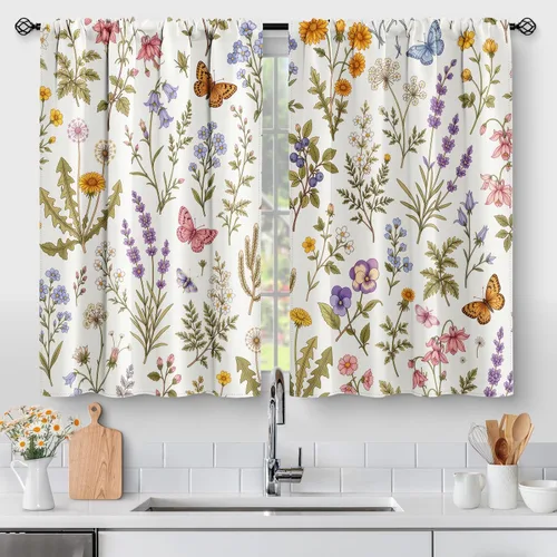 Vista 16 de Aimego - Cortinas de cocina con plantas rústicas y flores de primavera, botánicas, con hojas verdes, cortas, para cafetería, baño, con bolsillo