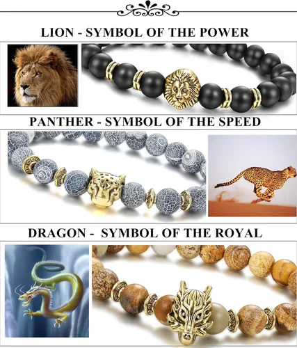 Vista 3 de FINREZIO Juego de 6 pulseras de cuentas para hombre con dije de dragón león y pantera pulsera de piedra natural 0315in