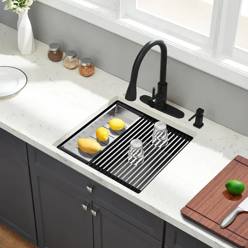 Vista 2 de Fregadero de cocina de montaje inferior, fregadero de cocina de 24 x 19 pulgadas, fregadero de cocina de acero inoxidable calibre 16, fregadero