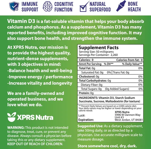 Vista 7 de XPRS Nutra Vitamina D3 en polvo (colecalciferol) - VIT D sin sabor para huesos e inmunidad - Vitamina para la función muscular - Suplementos
