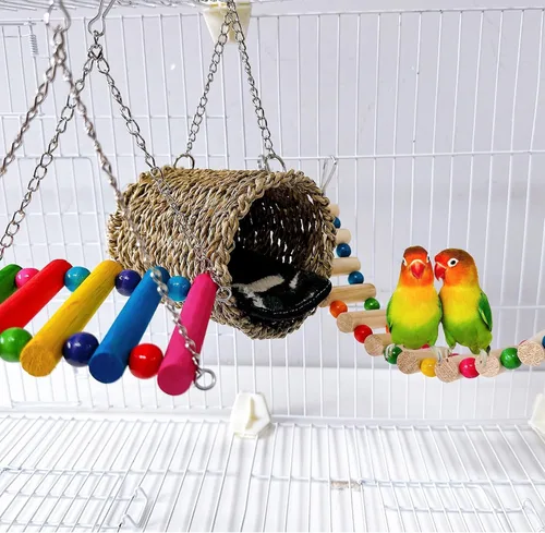 Vista 6 de Hamiledyi Hamster - Hamaca colgante de 3 piezas de madera para ratas, juego de columpios, accesorios para hámster sirio, planeador de azúcar