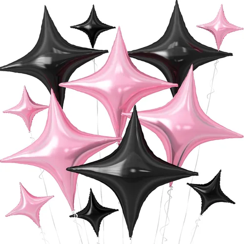 Vista 25 de Globos de Estrella Negra, 12 Piezas Globos de Papel de Aluminio de Estrella de Cuatro Ángulos, 26 Pulgadas y 10 Pulgadas Globo de Película de Negro