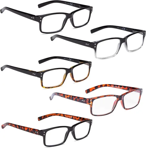 Vista 8 de LUR Gafas de lectura paquete de 5 lectores de plástico cómodos con bisagra de resorte (3 negro + 2 tortugas)