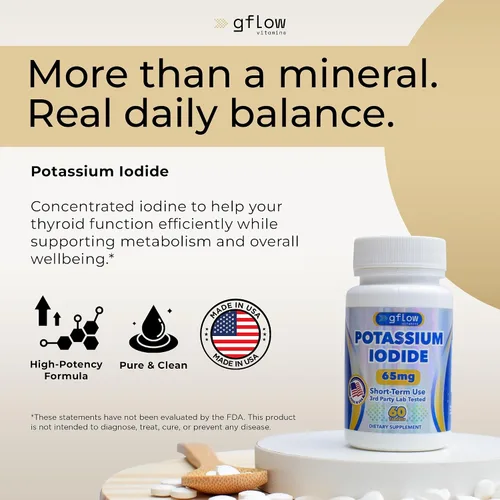 Vista 2 de Gflow Vitamins - Yoduro de potasio 65 mg por porción - Suplemento dietético, apoyo tiroideo - Suministro de 2 meses - Sin OMG - Fabricado