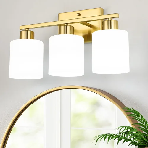 Vista 9 de WILON 2 luces doradas cepilladas, accesorios de iluminación de tocador de baño con pantallas de vidrio esmerilado blanco leche, modernas luces