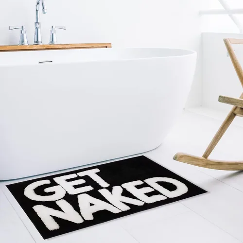 Vista 7 de New Mungo Alfombra de baño con texto en inglés «Get Naked», color negro, con letras blancas para decoración de apartamentos, divertida alfombra