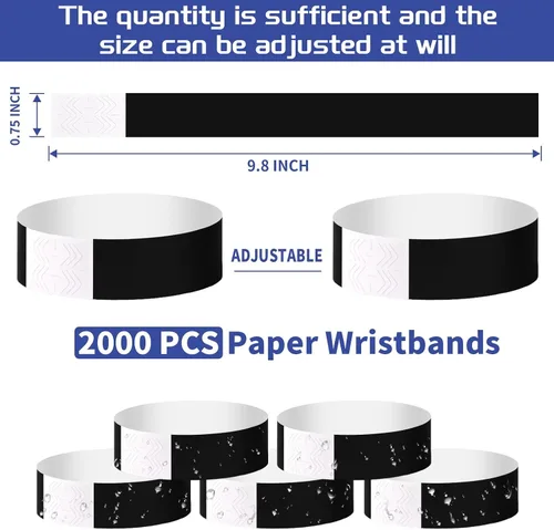 Vista 2 de 2000 pulseras de papel para eventos, impermeables, color negro neón, pulseras adhesivas de identificación de conciertos, bandas de mano para eventos