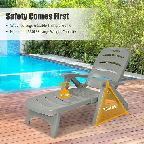 Vista 9 de Giantex Tumbona reclinable con ruedas para patio, tumbona plegable con reposabrazos, 5 posiciones ajustables para piscina, patio, jardín, tumbona