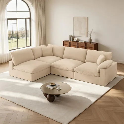 Vista 29 de Sofá modular Cloud para sala de estar, sofás de mezcla de lino en forma de L, modernos sofás de nube de asiento profundo, sofás seccionales Beige