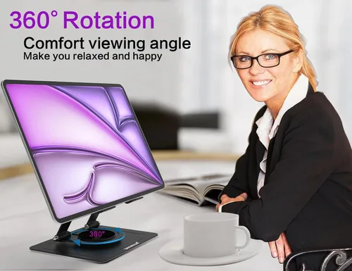 Vista 2 de Soporte para tablet para escritorio, con base de metal giratoria de 360°, soporte de doble varilla ajustable multiángulo, accesorios de oficina