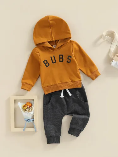Vista 2 de VISGOGO Conjunto de ropa de otoño e invierno para bebé niño, sudadera de manga larga con estampado de letras + pantalones, 2 piezas