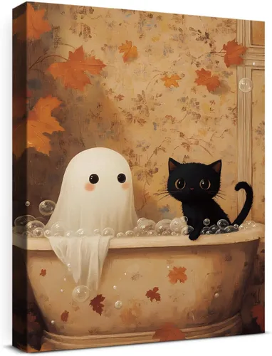 Vista 9 de QPVXSST Arte de Pared Interesante de Fantasma de Halloween para Baño, Póster Impreso en Lienzo de Estilo Gótico, Decoración de Baño con Diseño