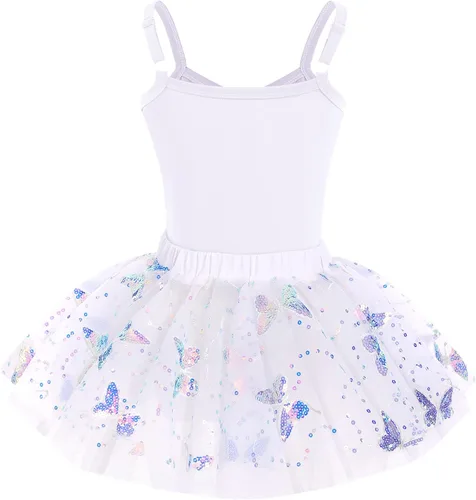Vista 2 de AFAVOM Camisola de lentejuelas de mariposa para niñas, vestido de ballet con volantes, falda tutú con purpurina, leotardo, disfraz de bailarina