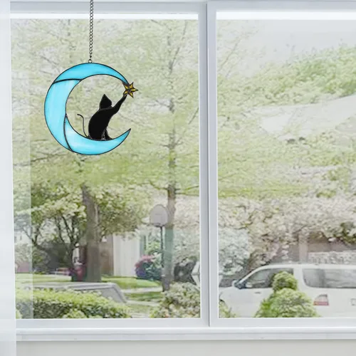 Vista 7 de Gato en luna con vitral, estrella para colgar en la ventana, decoración de regalo conmemorativo para mujeres (gato negro sobre luna azul)