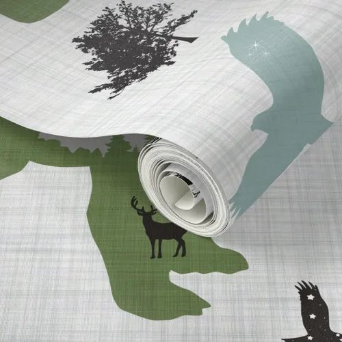 Vista 2 de Spoonflower Papel tapiz para despegar y pegar, diseño de animales del bosque ártico, bosque, montañas de Alaska, aventura, oso, alce, papel tapiz